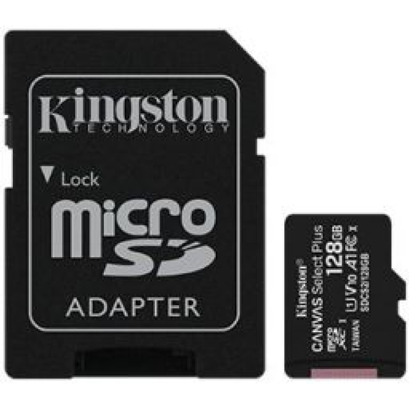 Kingston Atmiņas kartes Kingston  Canvas Select Plus UHS-I 128 GB, MicroSDXC, Flash memory class 10, SD Adapter