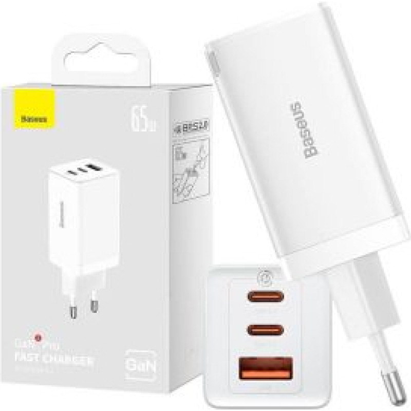 Baseus Adapteris Baseus  Wall charger Baseus GaN5 Pro 2xUSB-C + USB, 65W (white)