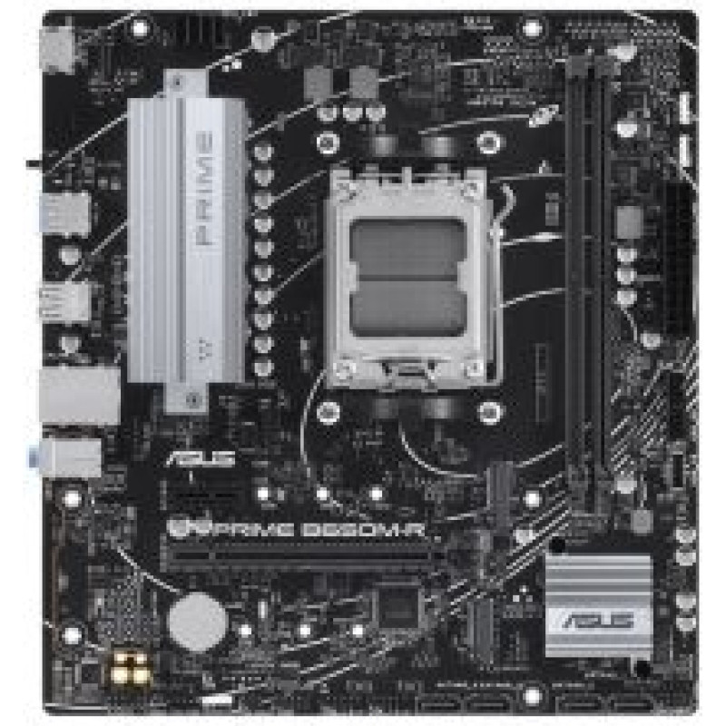 Asus Pamatplate Intel procesorsiem Asus  PRIME B650M-R | Processor family AMD B650 | Processor socket 1 x Socket AM5 | 2 DIMM slots - DDR5, ECC, unbuffered | Supported hard disk drive interfaces SATA-600 (RAID), 2 x M.2 | Number of SATA connectors 4