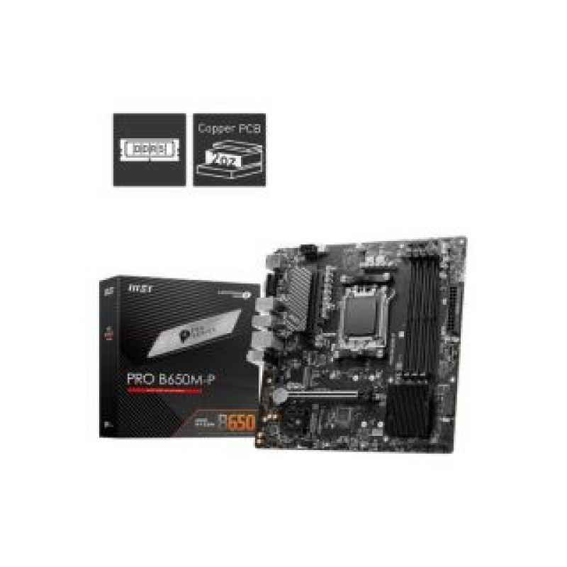 MSI Pamatplate AMD procesorsiem MSI  Mainboard||AMD B650|SAM5|Micro-ATX|Memory DDR5|Memory slots 4|2xPCI-Express 1x|1xPCI-Express 16x|2xM.2|1x15pin D-sub|1xHDMI|1xDisplayPort|4xUSB 2.0|4xUSB 3.2|1xPS/2|1xRJ45|3xAudio port|PROB650M-P