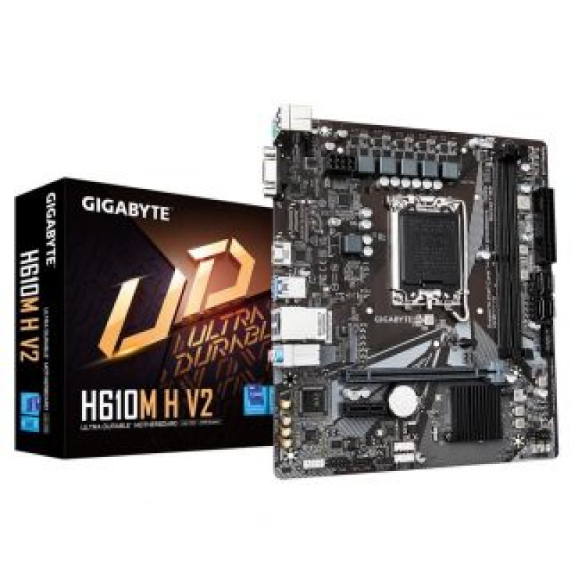 Gigabyte Pamatplate Intel procesorsiem Gigabyte  Mainboard||Intel H610|LGA1700|Micro-ATX|Memory DDR5|Memory slots 2|1xPCI-Express 3.0 1x|1xPCI-Express 4.0 16x|1xM.2|1x15pin D-sub|1xHDMI|4xUSB 2.0|2xUSB 3.2|1xPS/2|1xRJ45|3xAudio port|H610MHV21.0