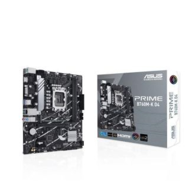 Asus Pamatplate Intel procesorsiem Asus  Mainboard||Intel B760 Express|LGA1700|Micro-ATX|Memory DDR4|Memory slots 2|2xPCI-Express 4.0 1x|1xPCI-Express 4.0 16x|2xM.2|1x15pin D-sub|1xHDMI|2xUSB 2.0|4xUSB 3.2|1xPS/2|1xRJ45|3xAudio port|PRIMEB760M-KD4