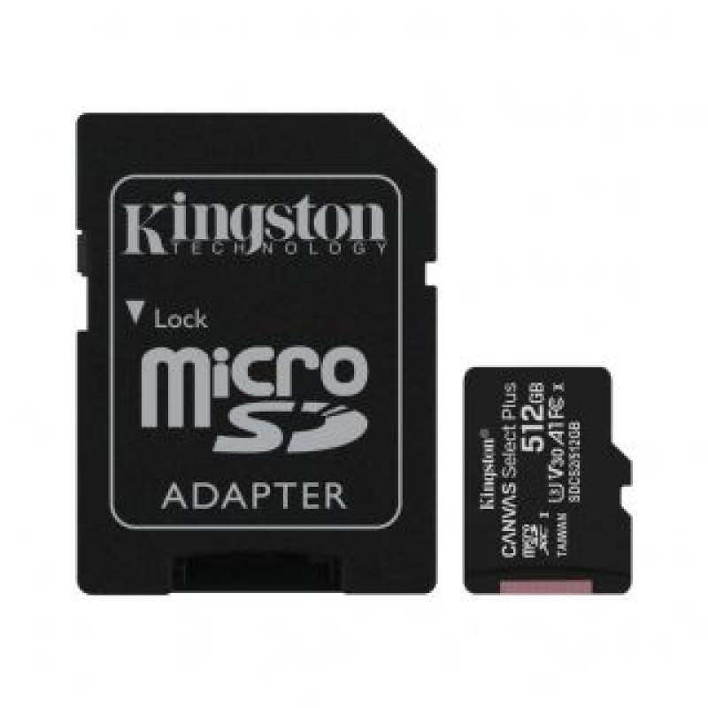 Kingston Atmiņas kartes Kingston  Canvas Select Plus 512 GB, Micro SD, Flash memory class 10, SD adapter