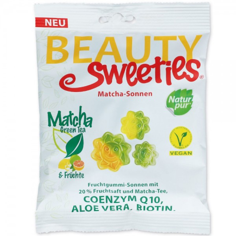 Beauty Sweeties matčas un augļu garšas želejas konfektes ar konzīmu Q10, alveju un biotīnu 125g