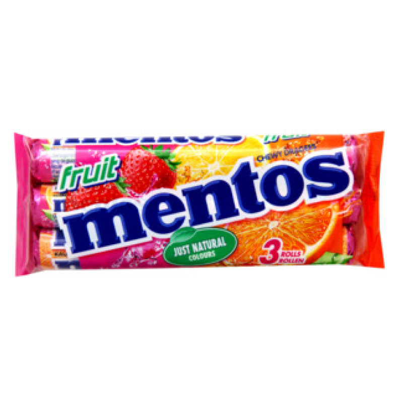 Mentos fruit chewy dažādu augļu konkfektes 3 iepakojumi 114g