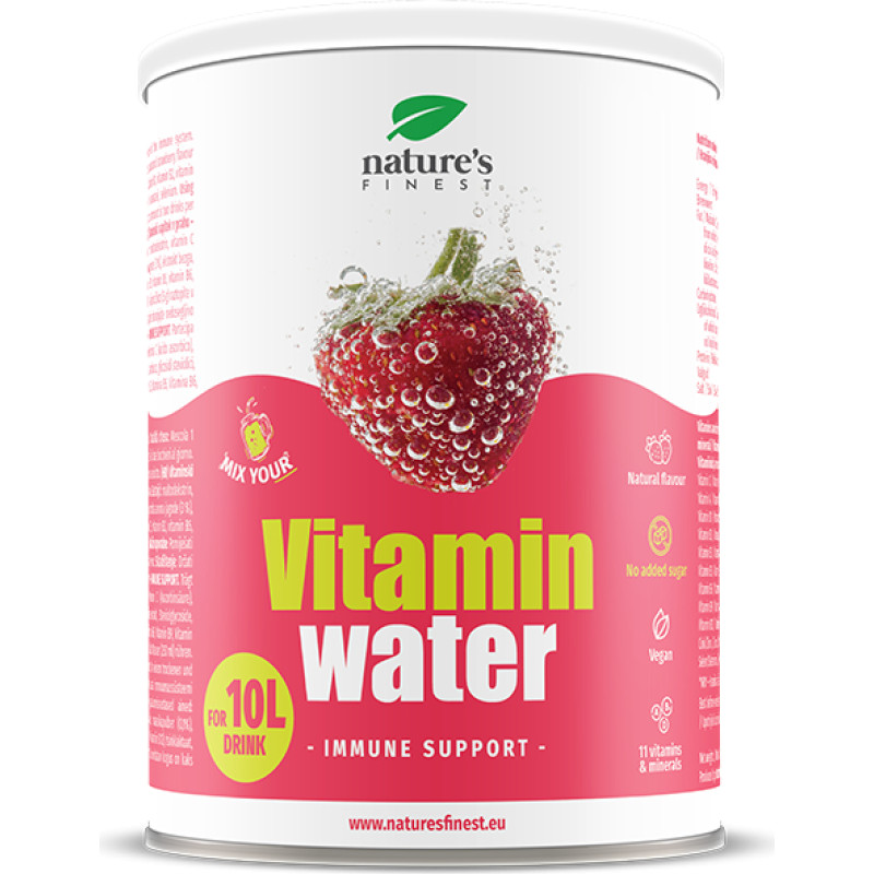 Nature's finest VITAMIN WATER - IMMUNE SUPPORT. Vitamīnu un antioksidantu pulveris dzēriena pagatavošanai ar zemenēm, imunitātes stiprināšanai. 200g