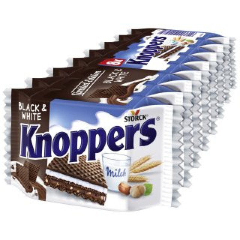 Knoppers Black&White šokolādes vafeles ar piena un tumšās šokolādes krēma pildījumu un lazdu riekstu gabaliņiem 200g, 8 gab