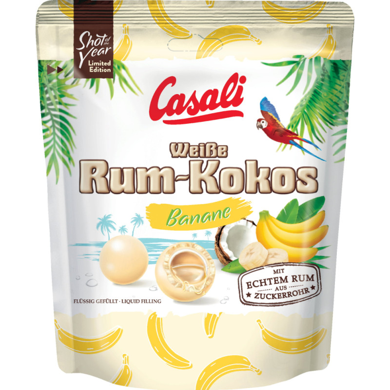 Casali coconut, white chocolate candies with banana flavor and rum cream filling 175g