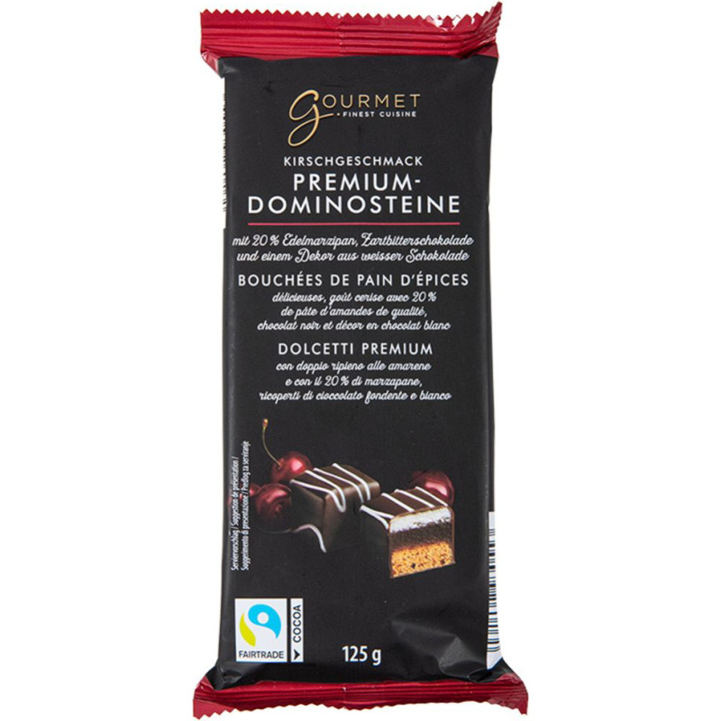 Gourmet Premium chocolate candies with marzipan, cherry-flavored cream and dark chocolate filling 125g