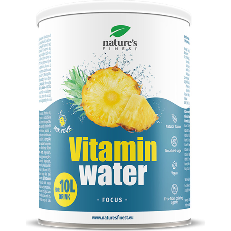 Nature's finest VITAMIN WATER - FOCUS. Pulveris vitamīnu ūdens pagatavošanai, ar magniju, B grupas vitamīniem un kalciju. 200g