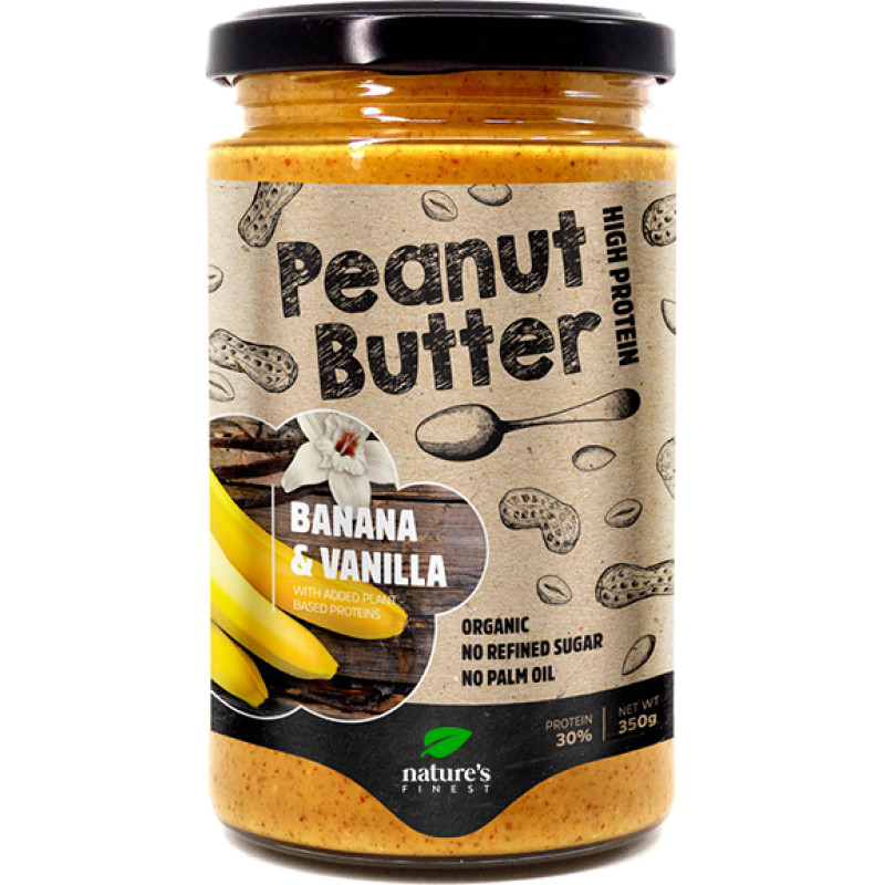 Nature's finest BIO Banana & Vanilla Peanut butter. BIO zemesriekstu sviests ar banāniem, vaniļu un čia, zirņu, rīsu, kaņepju un kvinojas proteīnu. 350g