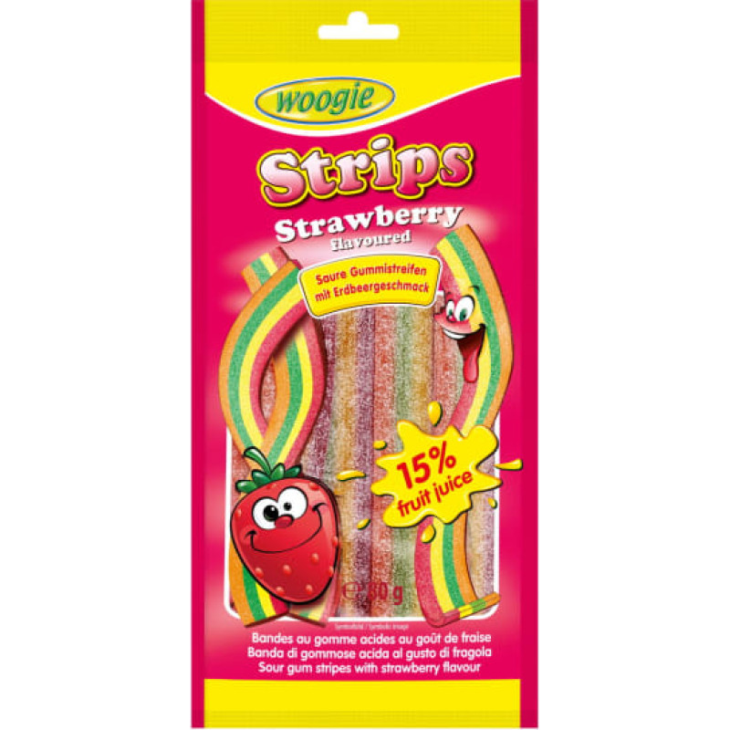 Woogie strawberry flavoured jelly candies with sour sugar coating 80g