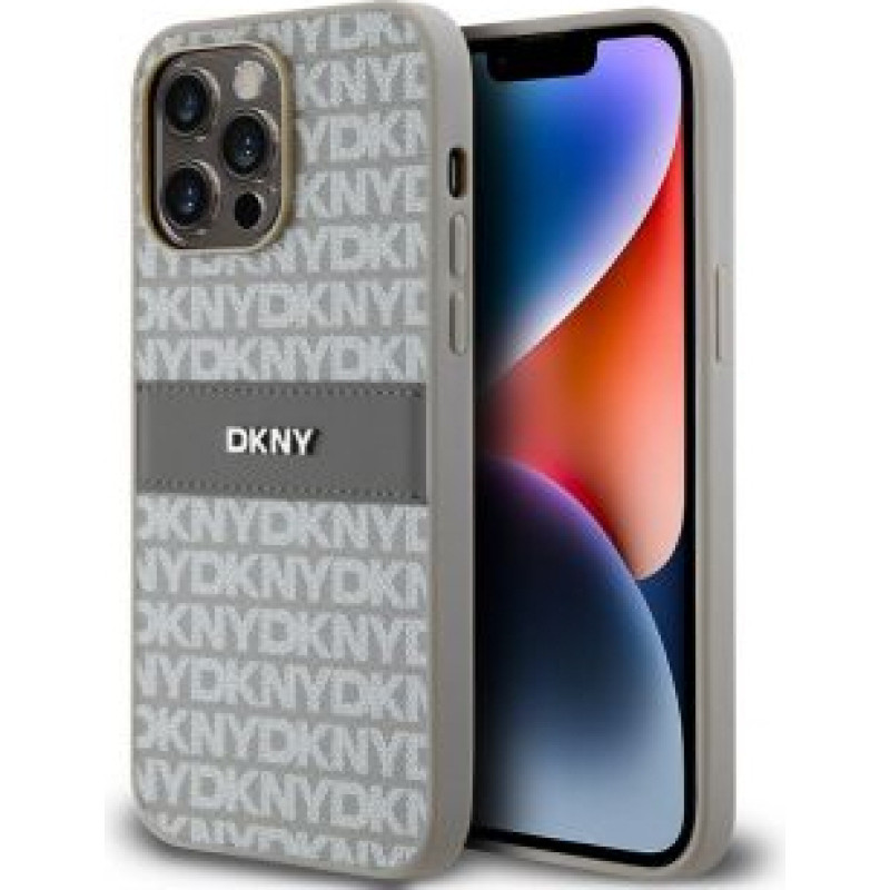 Dkny Aizmugurējais vāciņš DKNY - DKNY PU Leather Repeat Pattern Tonal Stripe Case for iPhone 14 Pro Beige