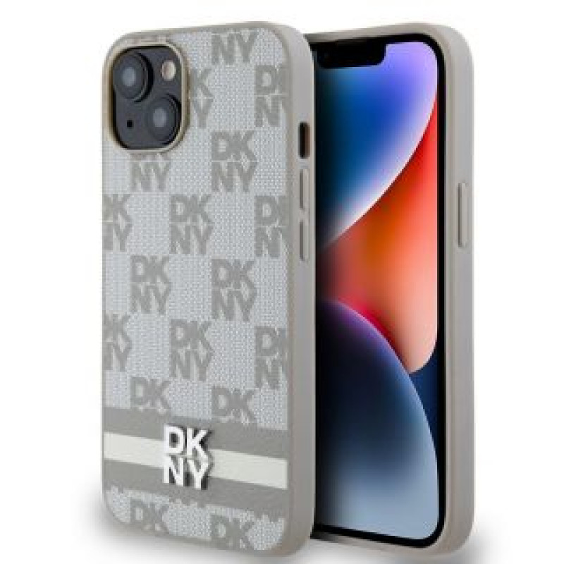 Dkny Aizmugurējais vāciņš DKNY - DKNY PU Leather Checkered Pattern and Stripe Case for iPhone 14 Beige