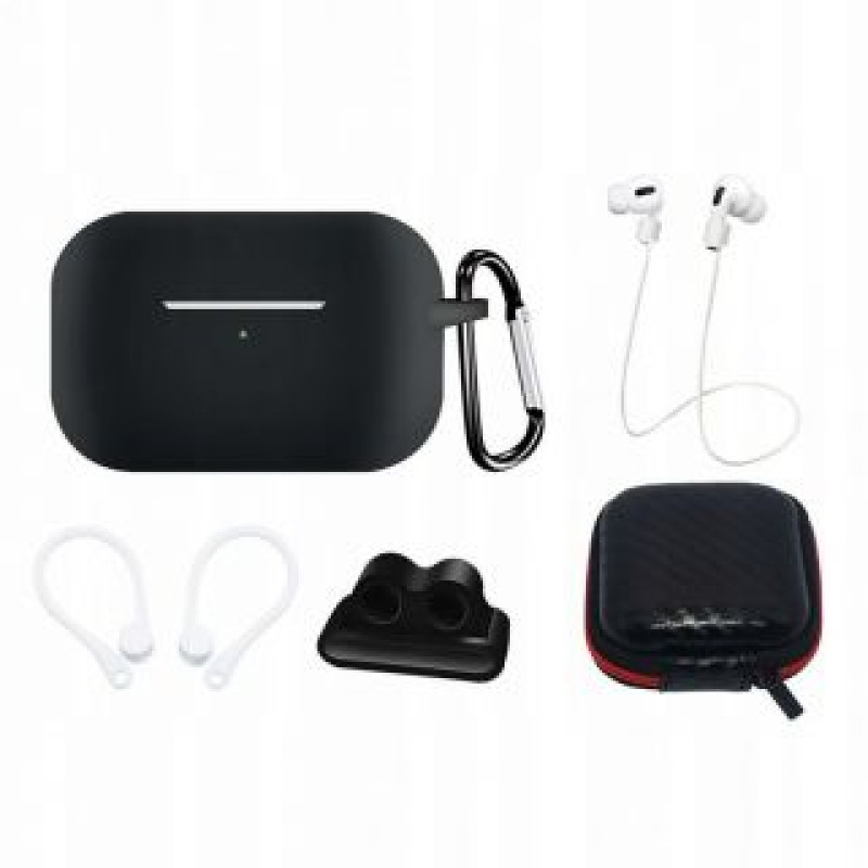 Hurtel Aizmugurējais vāciņš Hurtel  Silicone Case Set for AirPods Pro 2 / AirPods Pro 1 + Case / Ear Hook / Neck Strap / Watch Strap Holder / Carabiner - black