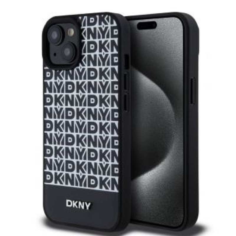 Dkny Aizmugurējais vāciņš DKNY - DKNY PU Leather Repeat Pattern Bottom Stripe MagSafe Case for iPhone 15 Black