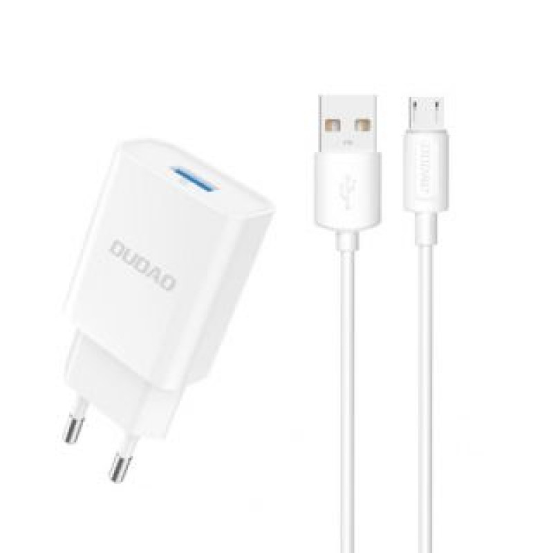 Dudao Adapteris Dudao  Dudao A4EU USB-A 2.1A wall charger - white + USB-A - micro USB cable