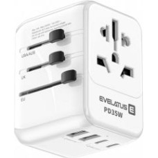 Evelatus Adapteris Evelatus  Evelatus 35W World Travel Adapter 1PD&2 Type-C&2 USB Charger White