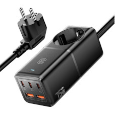 Essager Adapteris Essager  Wall charger, Essager, ECTAC-BRB01-Z, GaN, 3xUSB-C, 2xUSB-A, Gniazdko AC, 75W (black)