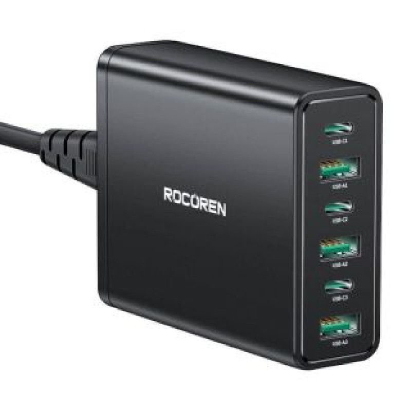 Rocoren Adapteris Rocoren  Rocoren power charger 3x USB-C, 3x USB-A, 60W (black)