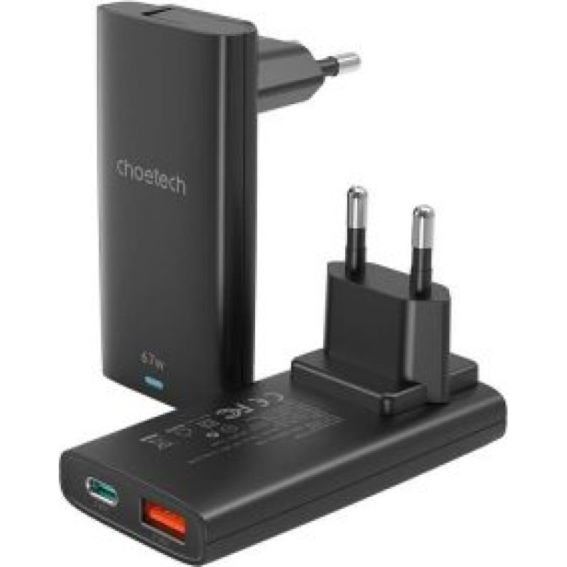 Choetech Adapteris Choetech  Choetech PD6011 PD65W GaN slim USB-A+C mini charger (black)