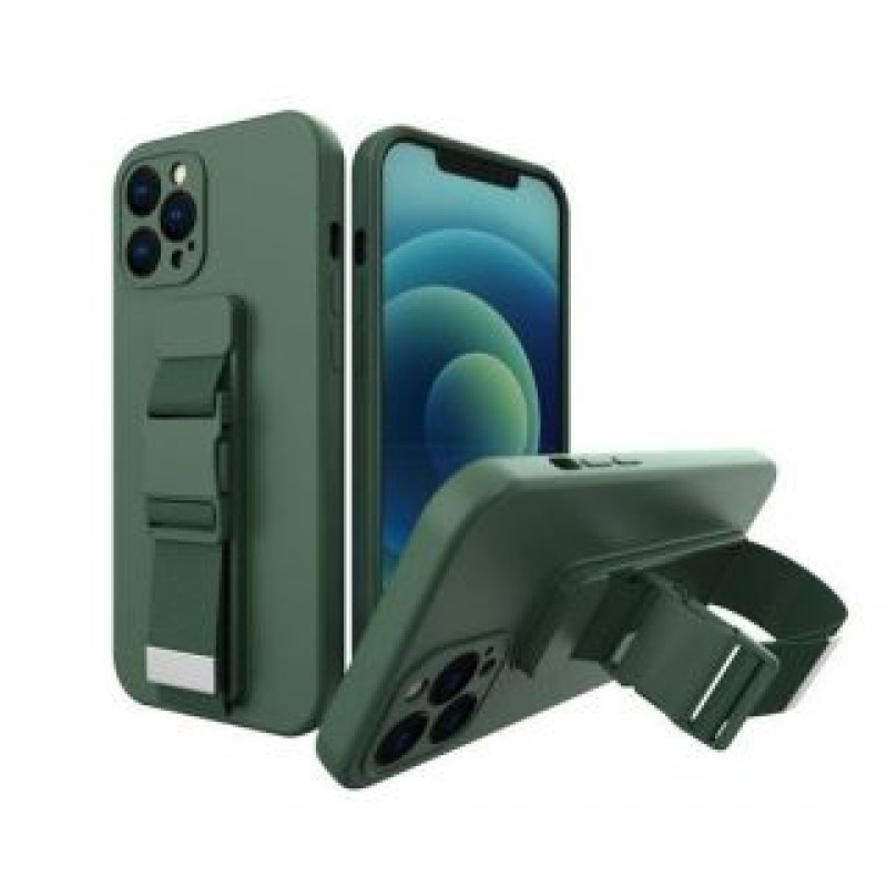 Ilike Aizmugurējais vāciņš iLike Samsung Galaxy A22 5G Rope case gel TPU airbag case cover with lanyard Dark Green