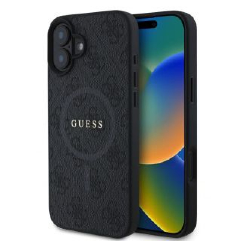 Apple Aizmugurējais vāciņš Apple - Guess PU Leather 4G Colored Ring MagSafe Case for iPhone 16 Plus Black