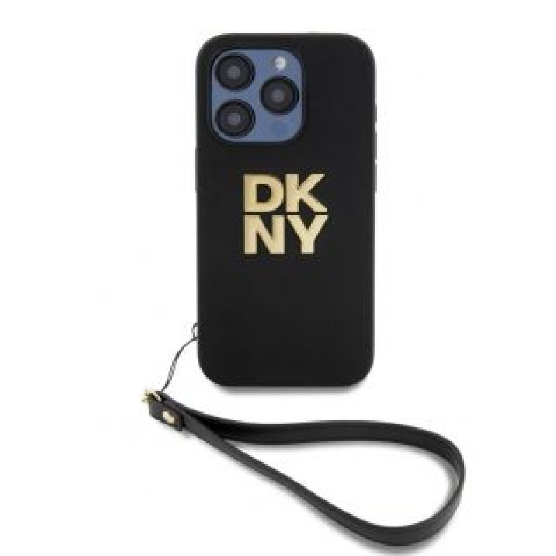 Dkny Aizmugurējais vāciņš DKNY - DKNY PU Leather Stack Logo Wrist Strap Case for iPhone 14 Pro Black