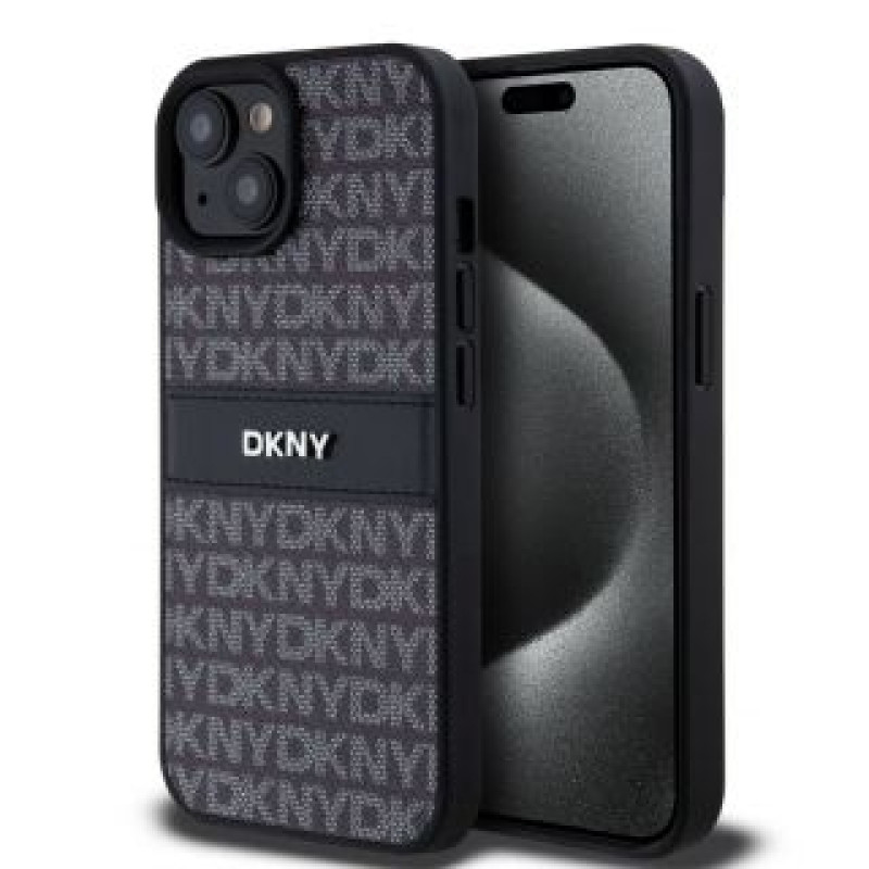 Dkny Aizmugurējais vāciņš DKNY - DKNY PU Leather Repeat Pattern Tonal Stripe Case for iPhone 15 Black