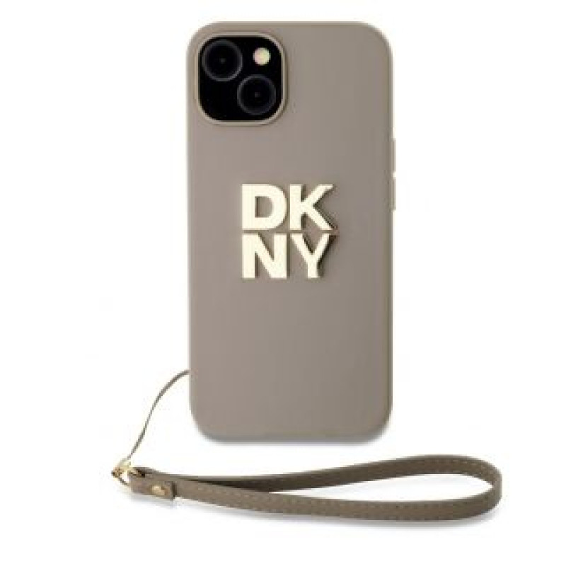 Dkny Aizmugurējais vāciņš DKNY Apple DKNY PU Leather Stack Logo Wrist Strap Case for iPhone 14 Beige