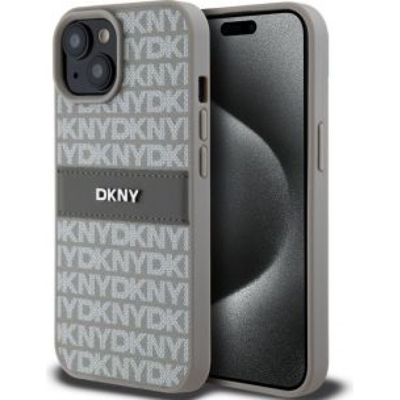 Dkny Aizmugurējais vāciņš DKNY - DKNY PU Leather Repeat Pattern Tonal Stripe Case for iPhone 15 Beige