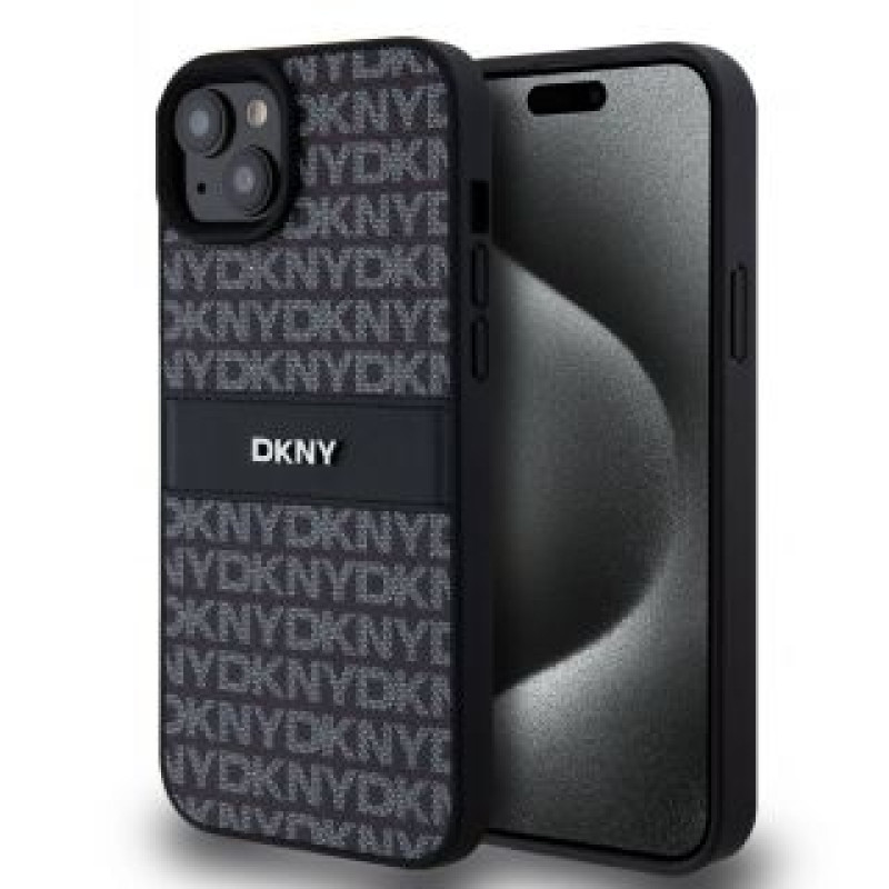 Dkny Aizmugurējais vāciņš DKNY - DKNY PU Leather Repeat Pattern Tonal Stripe Case for iPhone 15 Plus Black