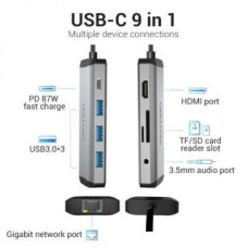 Vention Cita datorprece Vention  Vention docking station 9in1:USB-C to HDMI/USB3.0 x 3/RJ45/SD/TF/audio3.5mm/PD 0.15Grey