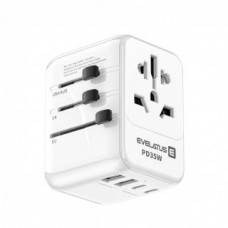 Evelatus Adapteris Evelatus  Evelatus 35W World Travel Adapter 1PD&2 Type-C&2 USB Charger White